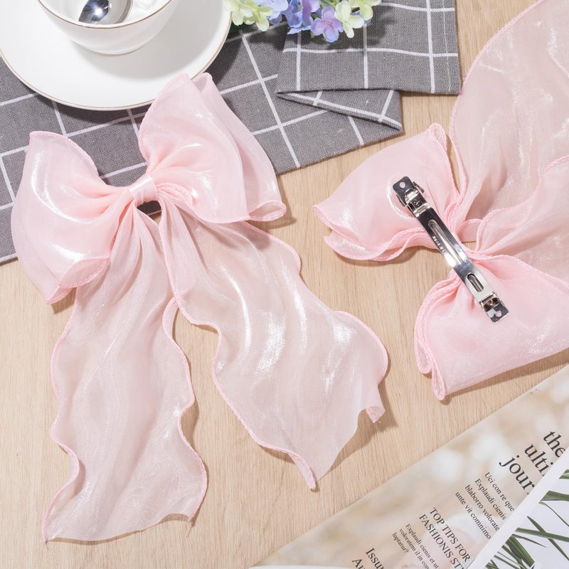 STSTR Large Hair Bow Clips, Pink Silk Yarn Ribbon Bow Hair Barrette for Women, Elegant Long Tail Bowknot French Hair Accessories for Wedding, Parties, Festivals - 1pcs - Image 3